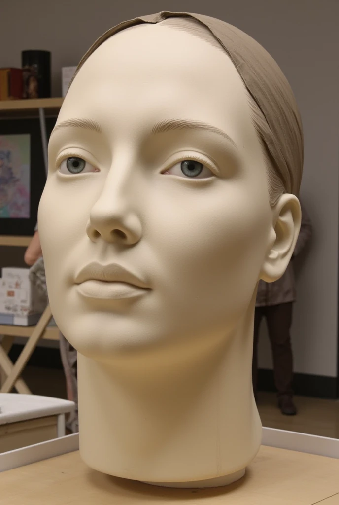 A giant statue in the shape of a beautiful woman's head is undergoing the process of becoming a head statue in a museum. The statue looks real, its skin looks real. The head statue is on a display table in the museum.