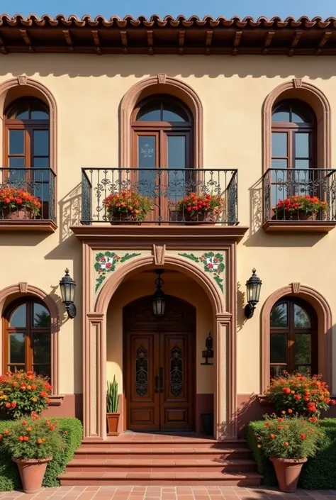  A house façade inspired by the  *Portrait of Mrs. .  Doña Elena Flores de Carrillo * by Diego Rivera .  The house has a Mexican neocolonial style ,  with walls in warm tones such as beige and brown .  The main entrance has a large arch and a carved wooden...