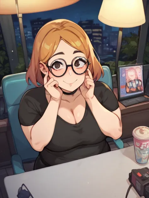  score_9,  score_8_ up,  score_7_ up,  score_６,  score_5_ up,  score_4_ up，  anime break ，nsfw，  uncensored ，  draw a fat girl ,  plump figure ,  plump fingers  , Round and round face  , Round belly , } ， and beautiful face , Her hair is short. She sits on...