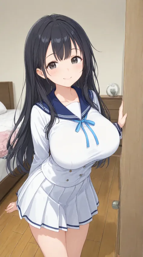 Big Breasts,    、  morning、 navy blue sailor suit、 pleated skirt、room、（morning起こしに来る）、long hair,   black hair , bangs,    ,  smile,  ,  smiles,   , （One girl 1.5）, （ blue ribbon）、（ 1.5）solo, 