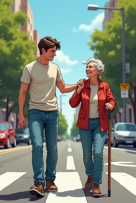 Comics character, a guy helping the old woman to cross the pedestrian lane