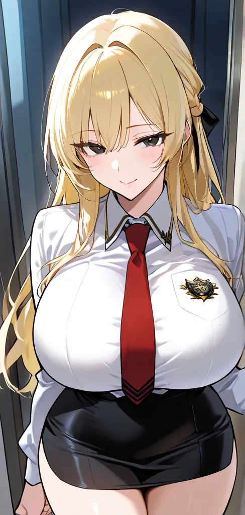  ,score_9, score_8_above, score_7_above, score_6_above, score_5_above, score_4_above, 1 ,  alone, ((,  huge breasts, blonde hair,   long hair,  blond hair,   black eyes ,  white shirt,  red tie , layer,  long sleeves, mini-skirt,  black skirt,  pencil ,,  ...