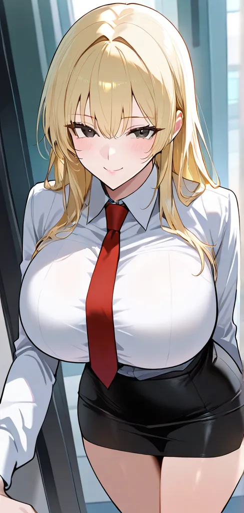  ,score_9, score_8_above, score_7_above, score_6_above, score_5_above, score_4_above, 1 ,  alone, ((,  huge breasts, blonde hair,   long hair,  blond hair,   black eyes ,  white shirt,  red tie , layer,  long sleeves, mini-skirt,  black skirt,  pencil ,,  ...