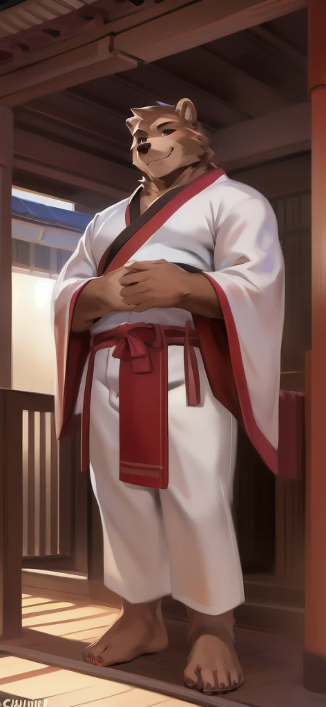  alone , Male tall , Big torso , posture, Standing , Miko Shrine, bear grizzly ,Holding a shrine samurai sword,​white kimono shirt miko red kimono pants miko, Overweight ,  Muscle Bundle, Smirk, by chunie 