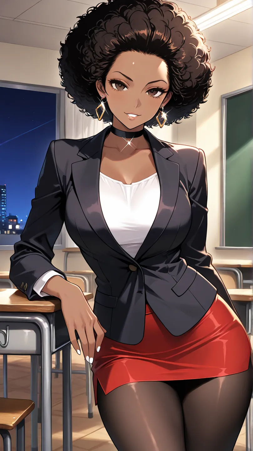 1Woman, Mature, Adult, Ebony, African American, Dark Brown Skin, Jet Black Curly Afro, Afro Pulled Back, Shiny Hair, Forehead, Dark Brown Eyes, White Nails, Dark Brown Eye Shadow, Red Mini-Skirt, Black Blazer Jacket, White Inner Shirt, Black Pantyhose, Bla...