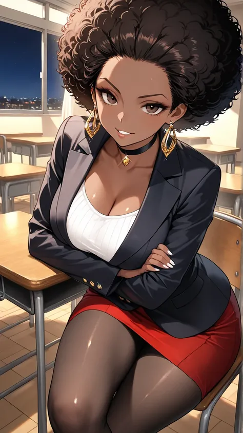 1Woman, Mature, Adult, Ebony, African American, Dark Brown Skin, Jet Black Curly Afro, Afro Pulled Back, Shiny Hair, Forehead, Dark Brown Eyes, White Nails, Dark Brown Eye Shadow, Red Mini-Skirt, Black Blazer Jacket, White Inner Shirt, Black Pantyhose, Bla...