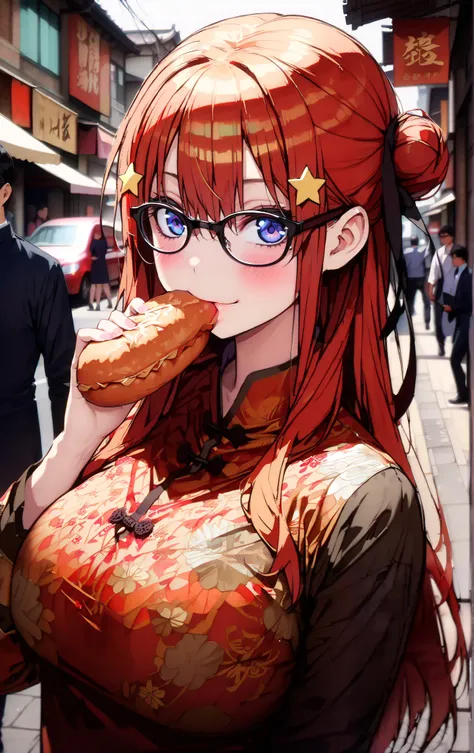 Nakano Mizuki ,  long hair,  blue eyes,  hair ornament,  red hair,  hair bun , star (  symbol ), Lick the boy's penis with half-framed glasses ,  glasses under the rim, star  hair ornament, smile,blush,red china clothes,Big Breasts,Long slit,Bare legs, hol...