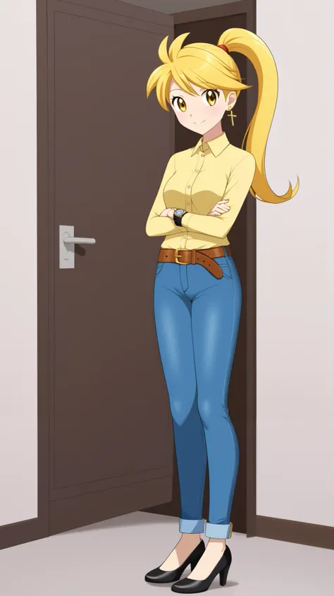 (( top quality)), (( Masterpiece)), ( Details),  1girl , Two legs, two arms, Alone,  golden hair color,  ponytail,  long hair,  yellow eyes,  yellow earrings,  white button shirt, Blue jeans, belt,  black high heels,  Height, アニメ塗り絵,  Watch viewers, 1 Fema...