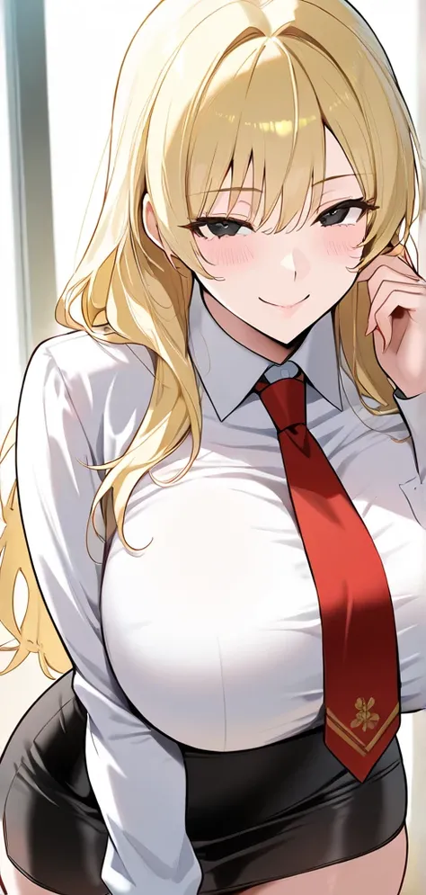  ,score_9, score_8_above, score_7_above, score_6_above, score_5_above, score_4_above, 1 ,  alone, ((,  huge breasts, blonde hair,   long hair,  blond hair,   black eyes ,  white shirt,  red tie , layer,  long sleeves, mini-skirt,  black skirt,  pencil ,,  ...