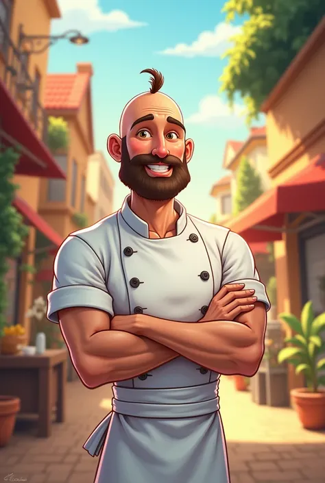 A cartoon image of a chef , thin, strong but not so much, bald, com uma barba ducktail,  in a cartoon looking pretty