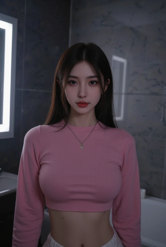 ((night,  Realistic light ,  best quality, 8k,   masterpiece : 1.3)),  1 girl  ,  slender beauty : 1.4,  ABDOMINAL MUSCLES  : 1.1, (brown hair, medium chest: 1.3),   Pink long sweater : 1.1,  bathroom,  Super thin face ,  beautiful eyes , double eyelids, s...