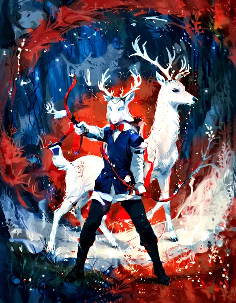 
A guy in a fighting pose with a bow in his hands, in the background - a white deer and a girl preparing to help., background color: Deep blue, color of accent details: Bright red