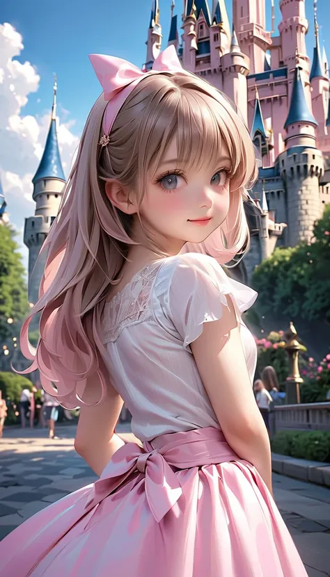  cute女の子、レース付きの cuteドレス、 in front of Cinderella's castle、 cute、 holding skirt 、赤い頬、 realistic、 high definition、 high quality