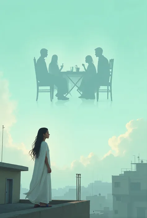 a pakistani girl in a long white maxi and shawl standing on a rooftop in chakwal and see in the sky. in the sky there are 4 men's shadows sitting around a table