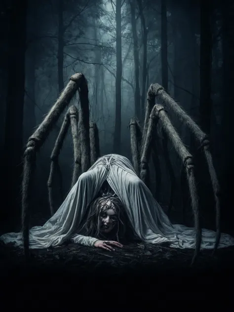 a beautiful woman laying on the ground in a forest with giant spider legs, arachne, horror fantasy art, fantasy horror art, dark fantasy horror art, scary creature, fear of spiders, arachnophobia, lolth, spiritual eerie creepy picture, horror surreal art, ...