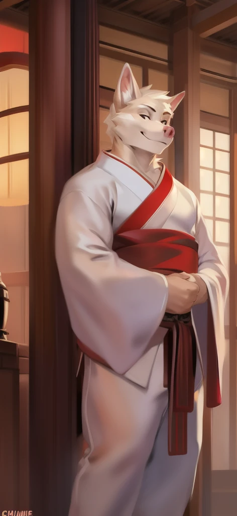  alone , Male tall , Big torso , posture, Standing , Miko Shrine,pig labrador ,Holding a shrine samurai sword,​white kimono shirt miko red kimono pants miko, Overweight ,  Muscle Bundle, Smirk, by chunie 