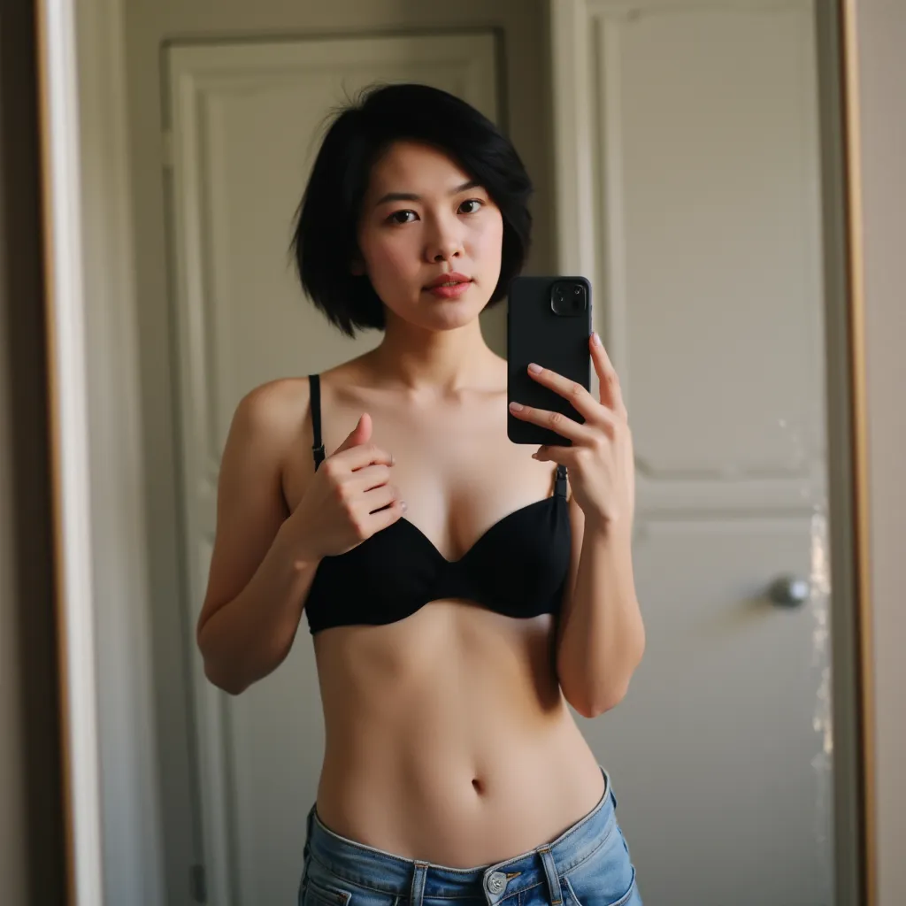 18 year bali indonesian woman, fit firm body, fit firm stomach, fit firm small breast, wearing casual clothes and his hands open the clothes half and the bra is visible, seductive pose, black short hair, white skin, realistic, selfie with holding phone in ...