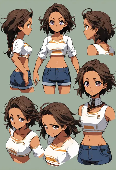 Anime-style RPG character design of a young adult female with a tall athletic build. She has slightly tanned skin, mid length brown braided hair. The character wears a bikini top, Bermuda shorts, and sandals. She has a beach bum free spirit vibe. Full body...