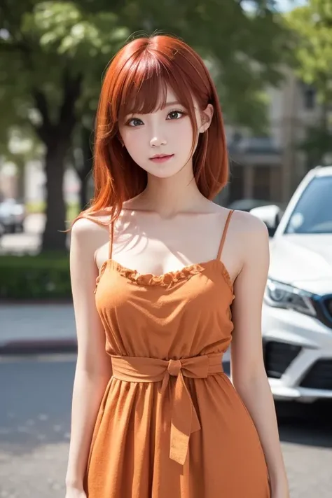 ( embarrassing), Red Hair,  orange hair, WeriArt style,  1 girl, ,  upper body, Highly detailed eyes, employment, clavicle, ruffle dress,  