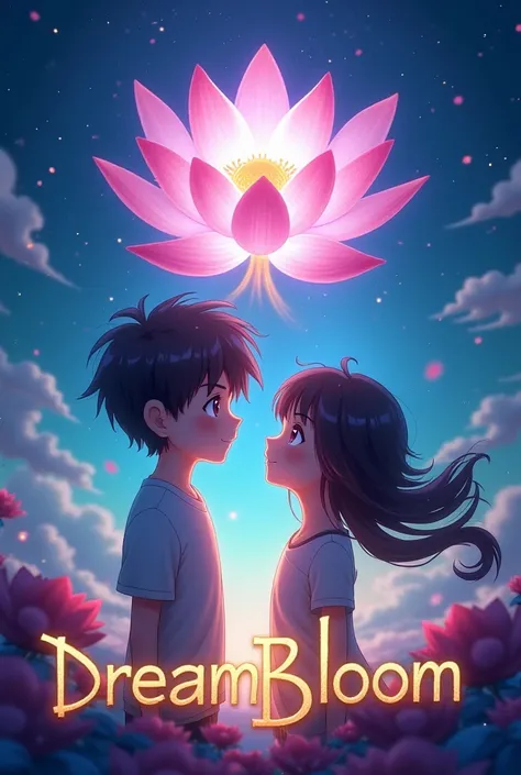 "A dynamic and inspiring anime-style logo for 'DreamBloom.' The design features a boy and a girl anime character standing side by side, looking up at a glowing lotus flower that symbolizes dreams and growth. The boy has short, slightly messy hair and a det...