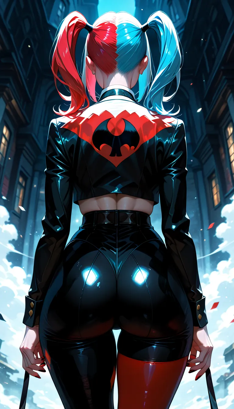 Classic Harley Quinn red and black outfit, thick thigh, back facing viewer,big booty,