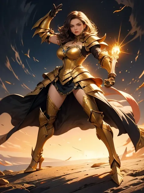 extremely beautiful brunette woman, amazing quality, masterpiece, best quality, hyper detailed, ultra detailed, UHD, perfect anatomy, model, stylish pose, wearing fantastic armor, gold armor, full-body armor, blond hair, extremely detailed, brunette woman,...