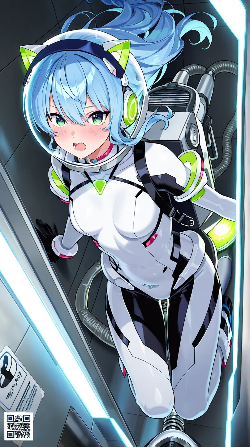 1girl,light blue hair,green eyes,,,solo,she in white sleek bodysuit with black joint and gray joint accents,floating midair in zero gravity,from front view, looking at the viewer with a flustered expression,open mouth,wide eyes,wearing cat-ear headphones,u...