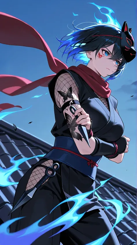  Kunoichi,  adult woman, black outfit,Kunai, serious expression, blue sky hair, mask on head, cat mask , Standing on the roof at night , black butterfly tattoo, Blue flames swirl around, Scarf fluttering in the wind