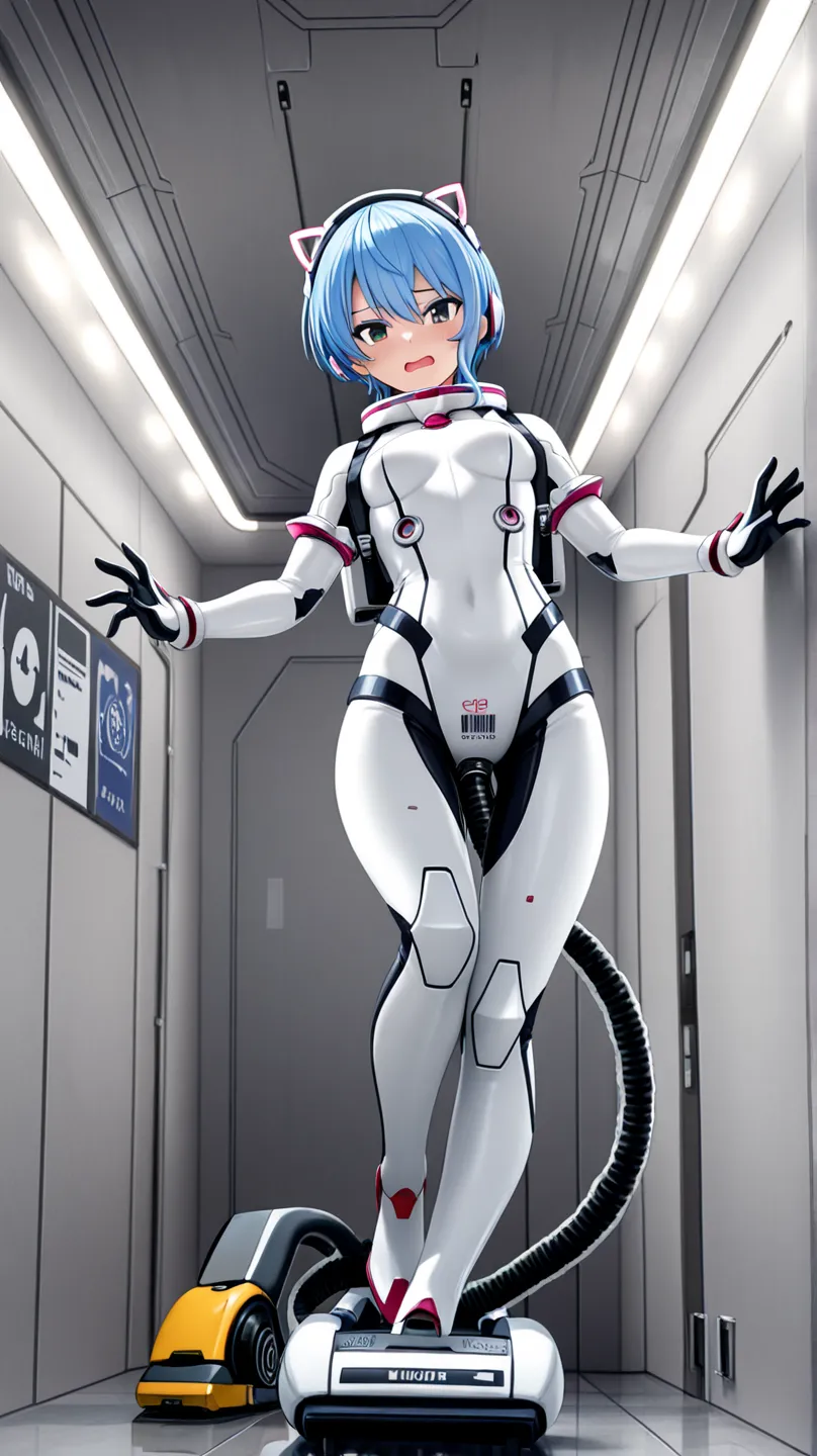 1girl,light blue hair,short hair,green eyes,solo,she in white sleek bodysuit with black joint and gray joint accents,floating midair in zero gravity,from front view, looking at the viewer with a flustered expression,open mouth,wide eyes,wearing cat-ear hea...