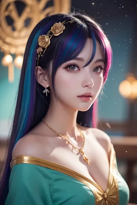 Close-up of a woman with  colorful  hair and necklace,  anime girl 、Cosmic Hair , The gentle vitality of rose roses,   Fantasy Art Style ,  colorful ],  vivid fantasy style, Ross draws vibrant cartoons, cosmic and  colorful , colorful  digital fantasy art,...