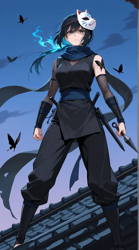  Kunoichi,  adult woman, black outfit,Kunai, serious expression, blue sky hair, mask on head, cat mask , Standing on the roof at night , black butterfly tattoo, Blue flames swirl around, Scarf fluttering in the wind