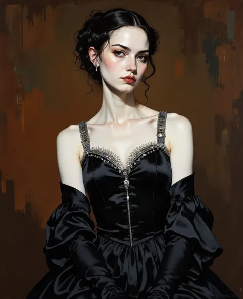 portrait of a Socialite posing in a black satin dress with jeweled straps, Grand manner style. There is assertiveness and flamboyance in the white skin that extends from her high forehead to her graceful neck, shoulders, and arms. The black of her dress is...