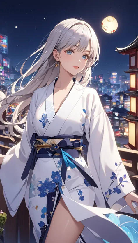 This is an illustration of an anime girl with a perfect hourglass figure, white hair and tanned Japanese skin in a new and vivid pose. She is wearing a kimono with graceful curves that reflect the golden ratio, adorned with a contemporary design that signi...