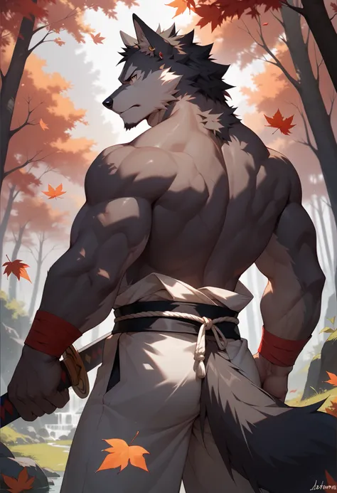 furry, furry male, male focus , Tail, 1 boy (:2.1), Wolf, hairy Wolf, short hair, man, muscular, dark hair, Dark skin, Samurai clothing, earrings, , muscular adult male, smooth (:1.5), serious gaze (:1.6), Attack posture , holding a Japanese sw...