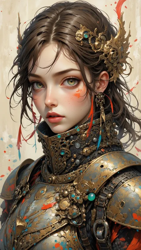  Detailed portrait of a girl wearing warrior armor，Very long hair ， Delicate seafaring ， Sharp features ， Green-green eyes ， Petite eyes ， Colorful rainbow ，full lips， mole under right eye ， Micro-open lips ，The square chin ，dark nail polish， Vibrant ，Lace...