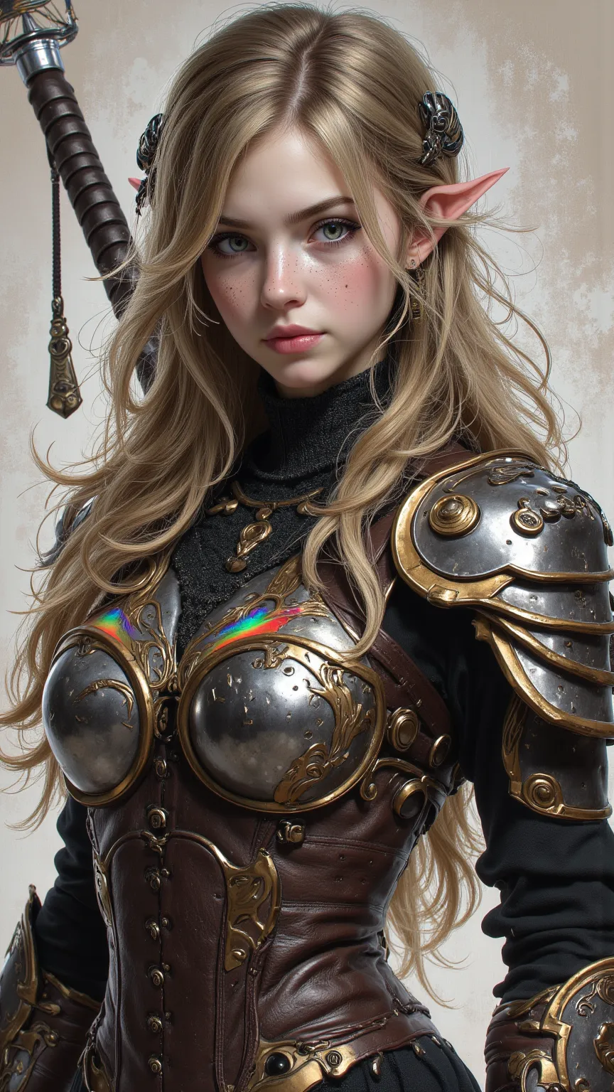  Detailed portrait of a girl wearing warrior armor，Very long hair ， Delicate seafaring ， Sharp features ， Green-green eyes ， Petite eyes ，Colorful rainbow ，full lips， mole under right eye ， Micro-open lips ，The square chin ，dark nail polish， Vibrant ，Lace-...