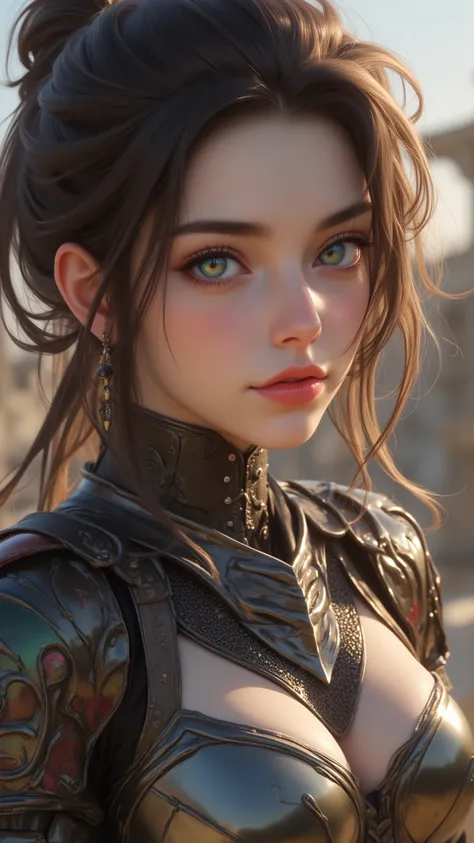  Detailed portrait of a girl wearing warrior armor，Very long hair ， Delicate seafaring ， Sharp features ， Green-green eyes ， Petite eyes ，Colorful rainbow ，full lips， mole under right eye ， Micro-open lips ，The square chin ，dark nail polish， Vibrant ，Lace-...