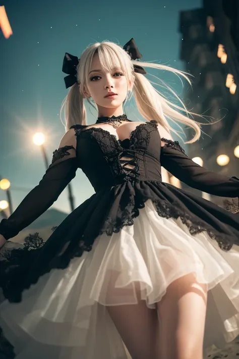 ( 1 girl),gothic, twin tails,White Hair, Organza Lace,Gorgeous and elaborate clothes,gothic,  flying, green, ( colorful ), Bold,  Gradient Blend,  motion blur ,  Sparkling Textures ,   dynamic composition,  atmospheric perspective ,  impressionistic , , (m...