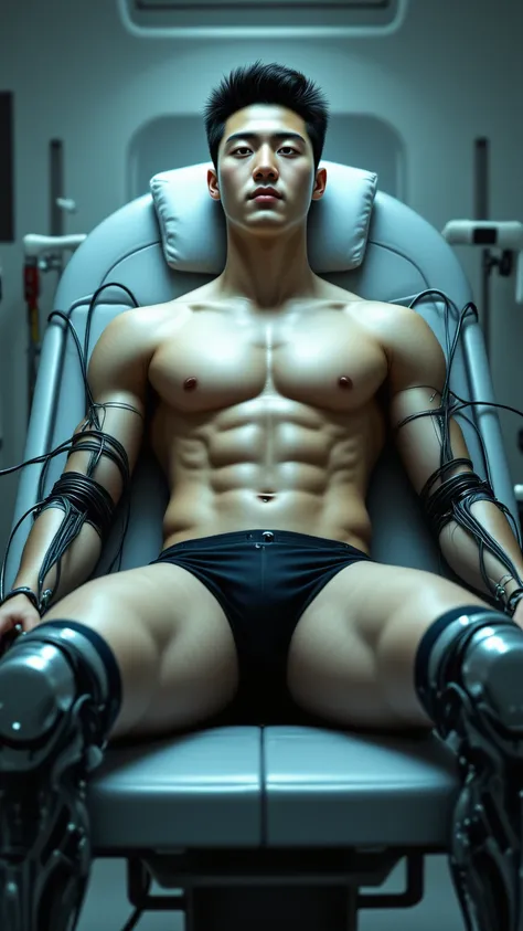  1 Korean handsome male star high school student bionic robot，Slim Short Hair ，Thick chest muscles ， bulging abs ，（Long Phase Sunshine Handsome ）， legs apart，Lying on an advanced operating table ， arms-thick wire to plug in to charge the body