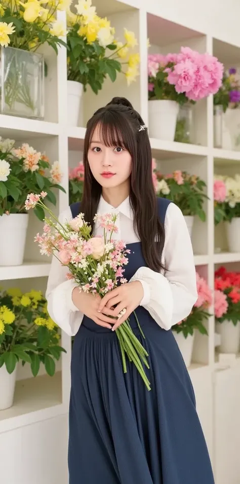 "A beautiful young female florist with a warm smile, wearing a stylish apron, standing in a cozy flower shop. She holds a freshly arranged bouquet of colorful flowers, surrounded by shelves filled with vibrant roses, tulips, and lilies. Soft natural lighti...