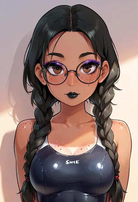   Masterpiece ,   best quality swimsuit , portrait, female,   tanned skin  ,  black lips,  Black hair that she always keeps tied in two braids that fall over her shoulders, She wears big round glasses ,   dark brown eyes ,   doesn't wear makeup  , freckles...