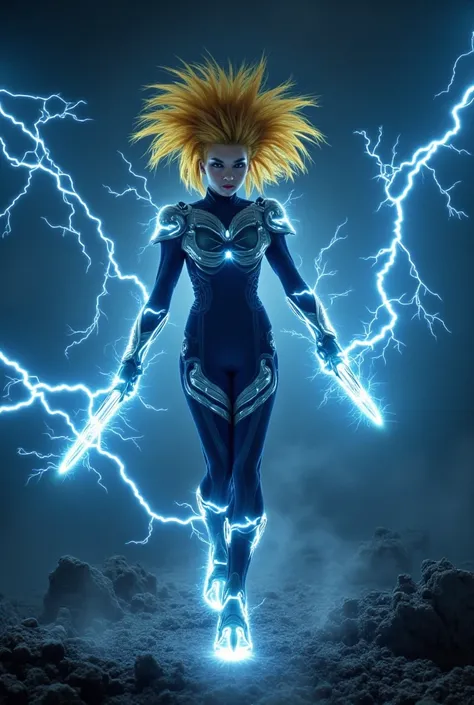 Amidst a stormy night, with lightning crackling across a dark and ominous sky, stands the formidable Thunder Ranger—a fierce yet youthful warrior. Her delicate, loli-like face contrasts with her intense presence, her piercing eyes reflecting the electric f...