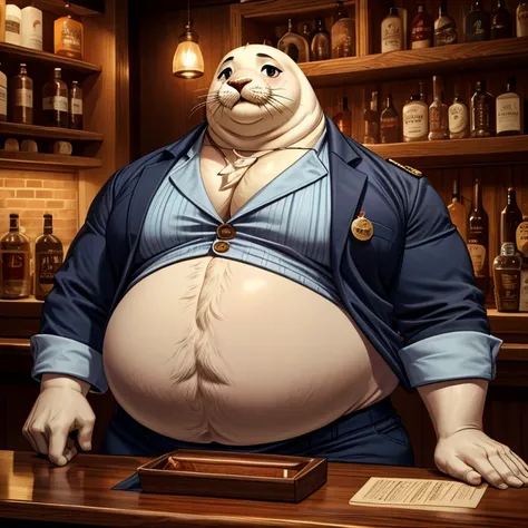   (seal, massively  huge  belly,  uniform,   huge , swollen body , superobesity  ,   morbid obesity,   fluffy  ,  big,  plump cheeks  , ), bartender,  extremely fat barista ,   tight clothing, pop up button  ,   Fully dressed   