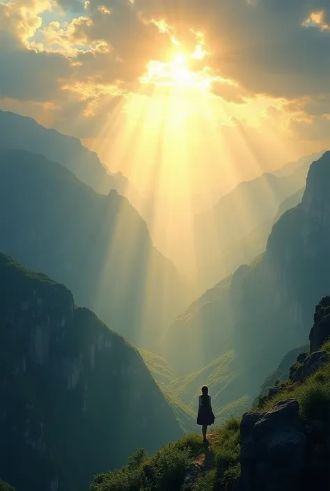  Rays of golden light crossing clouds in a blue sky, softly illuminating a mountainous landscape ,  creating a sense of hope and spirituality 