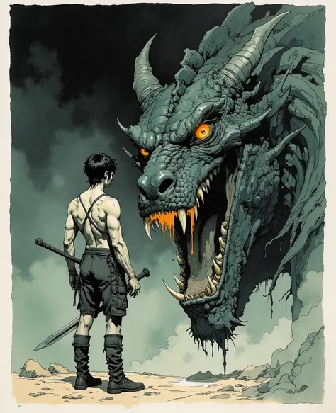 Ink painting of a young man with a bodybuilding build, strong and powerful, similar to Conan, the savage warrior, with his personal weapon, leaning forward facing a dragon. He stands in front of the dragon, an evil dragon covered in darkness, with fangs wi...