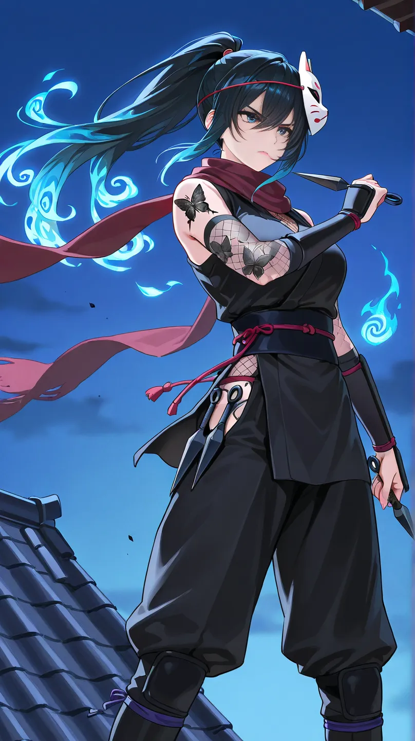  Kunoichi,  adult woman, black outfit,Kunai, serious expression, blue sky hair, mask on head, cat mask , Standing on the roof at night , black butterfly tattoo, Blue flames swirl around, Scarf fluttering in the wind , side view 