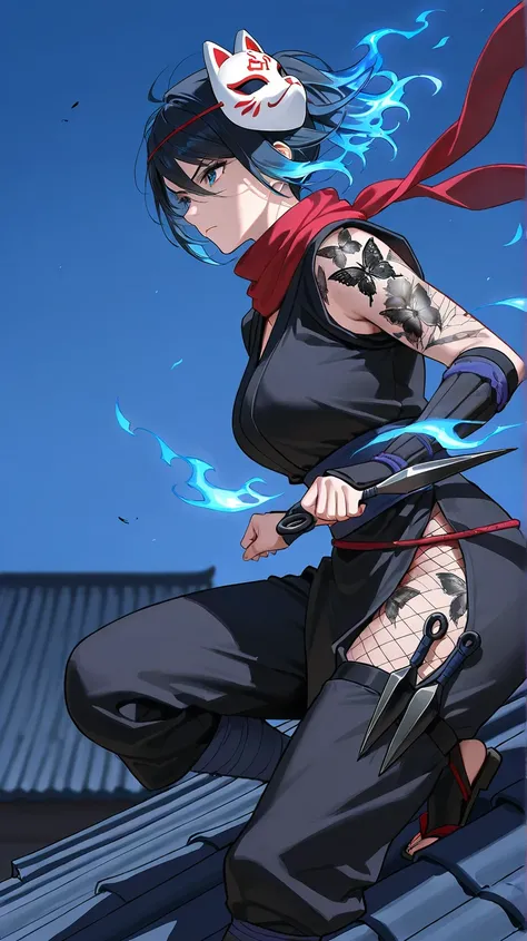  Kunoichi,  adult woman, black outfit,Kunai, serious expression, blue sky hair, mask on head, cat mask , Standing on the roof at night , black butterfly tattoo, Blue flames swirl around, Scarf fluttering in the wind , side view 