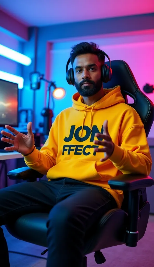 SmartAn Indian man sitting confidently on a modern gaming chair in his YouTube studio. He is wearing a bright yellow hoodie with JON FECT boldly printed on it. His face is clearly visible and expressive despite wearing a sleek black COVID The man is gestur...