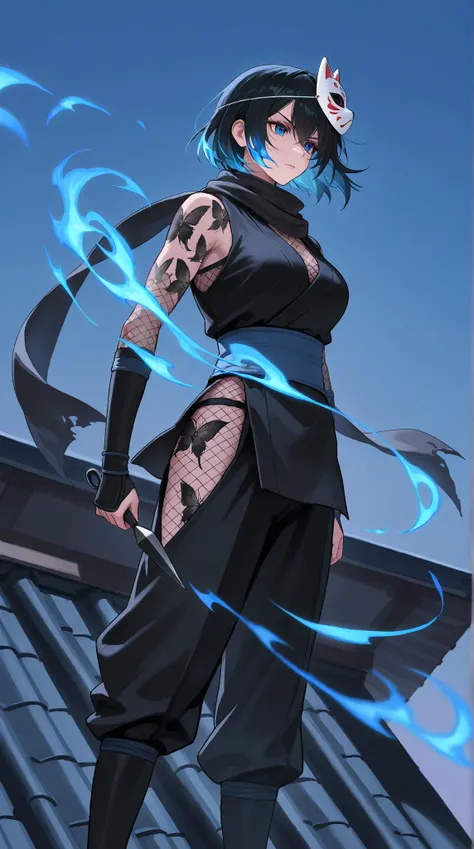  Kunoichi,  adult woman, black outfit,Kunai, serious expression, blue sky hair, mask on head, cat mask , Standing on the roof at night , black butterfly tattoo, Blue flames swirl around, Scarf fluttering in the wind , side view 