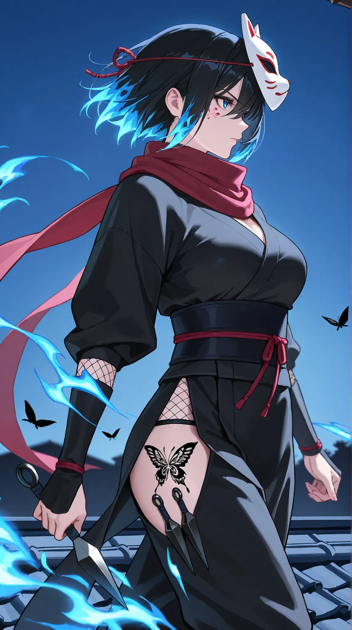  Kunoichi,  adult woman, black outfit,Kunai, serious expression, blue sky hair, mask on head, cat mask , Standing on the roof at night , black butterfly tattoo, Blue flames swirl around, Scarf fluttering in the wind , side view 